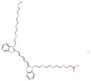 N-(m-PEG4)-N'-(Acid-PEG3)-benzothiazole Cy5 Chemical Structure